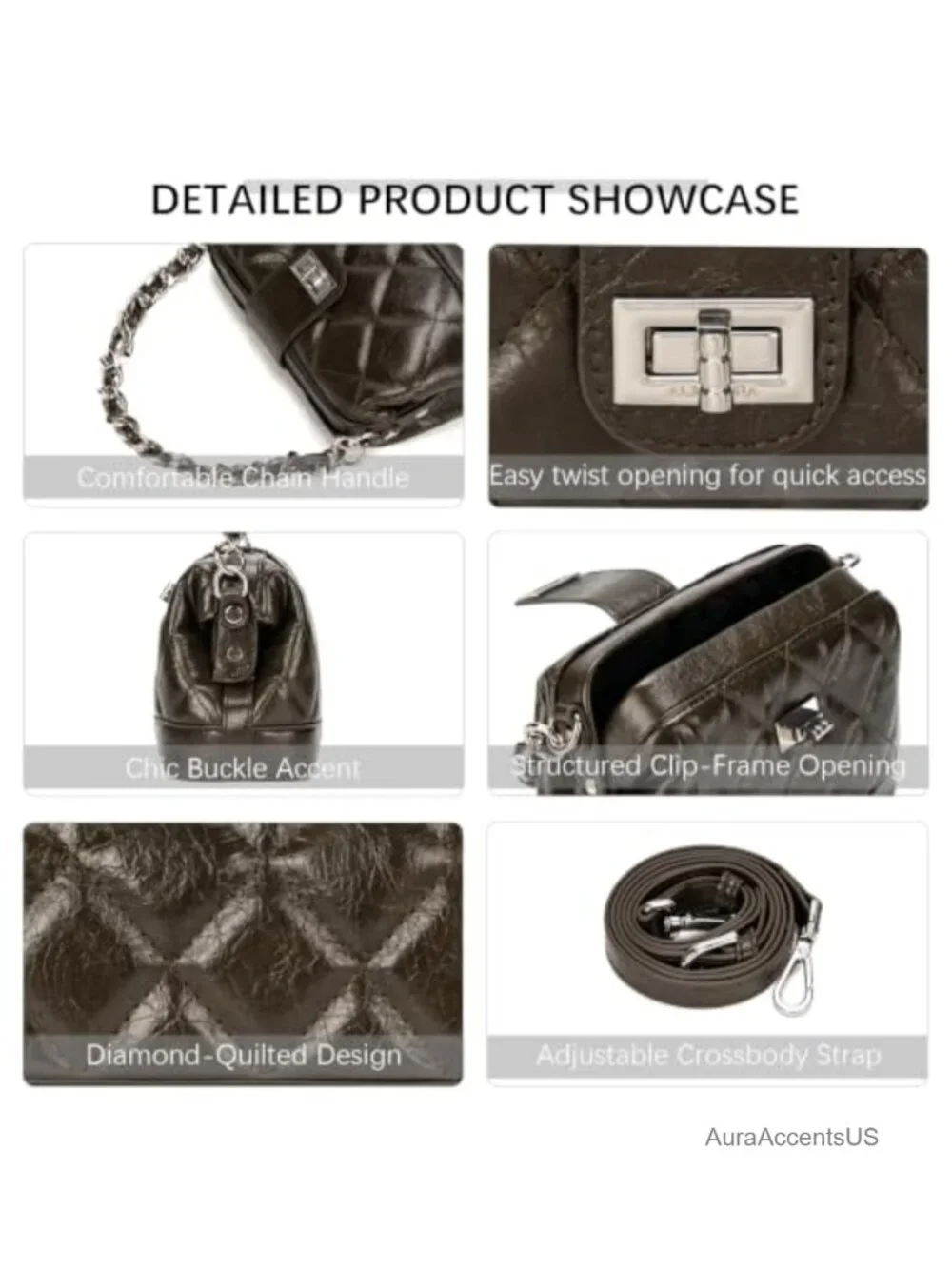 Mini Quilted Crossbody Bag with Detachable Chain, Vegan Leather Top Handle Purse